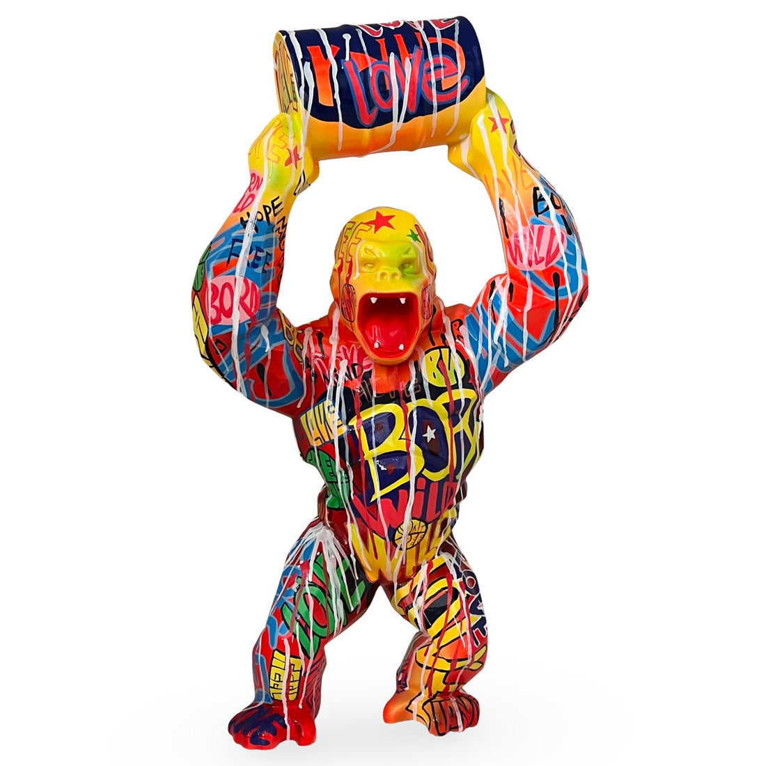 Sculpture of King Kong with a barrel painted with graffiti by Van Apple Art via modernekunst