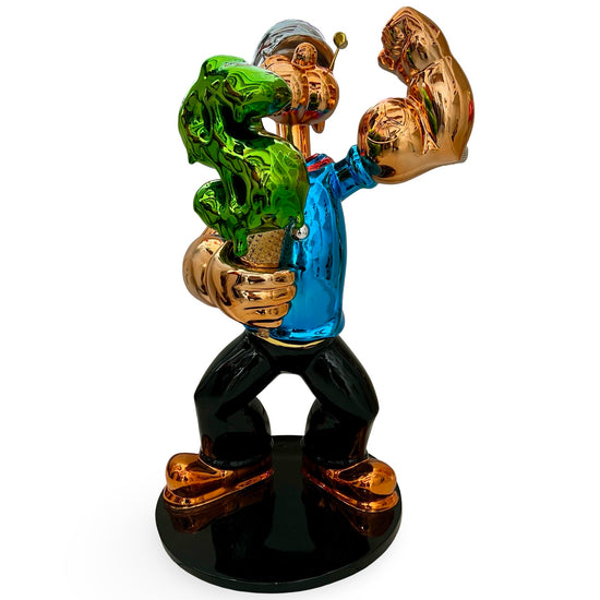 Gouden beeld van Popeye met blauw shirt en groen dollar ijsje op ronde zwarte voet