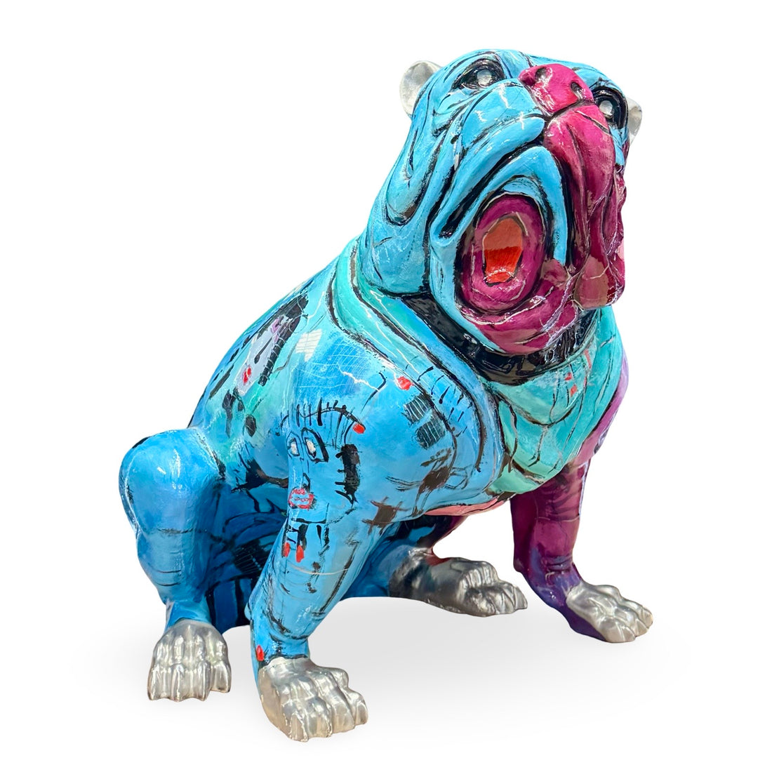Beeld van een bulldog in blauw rood via modernekunst.