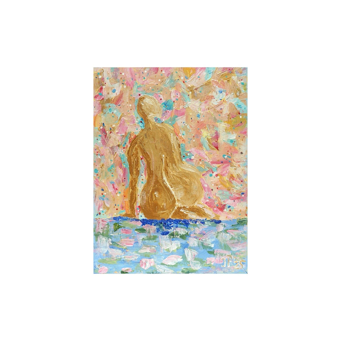 Klein abstract schilderij van een zittende dame in beige, blauw en roze tinten door kunstenaar Atelier Plaisier