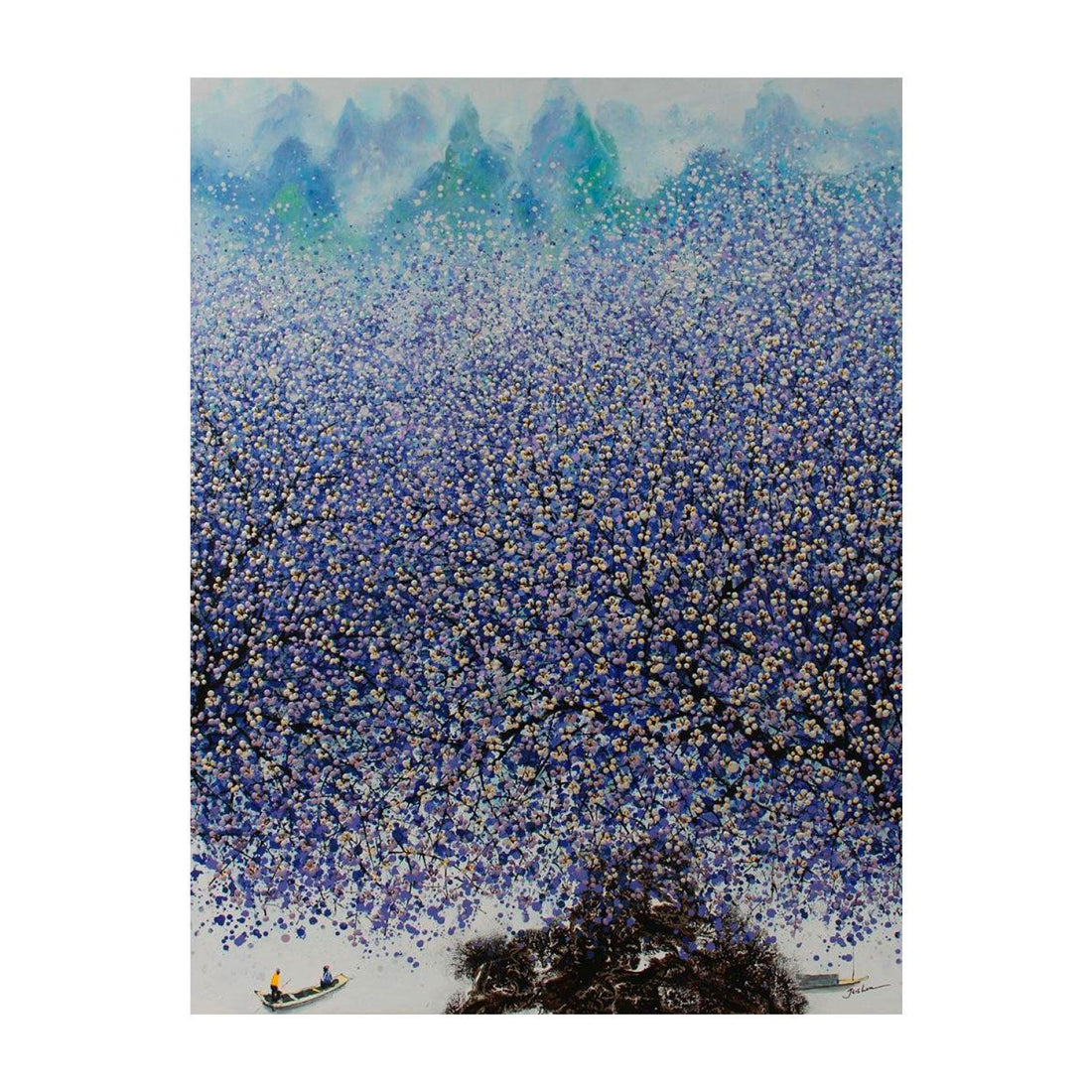 Groot bloesem schilderij in blauw en paars tinten van kunstenaar Je Shen Modernekunst.nl