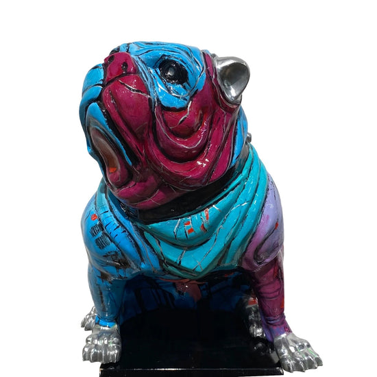 Beeld van een bulldog in blauw rood via modernekunst.