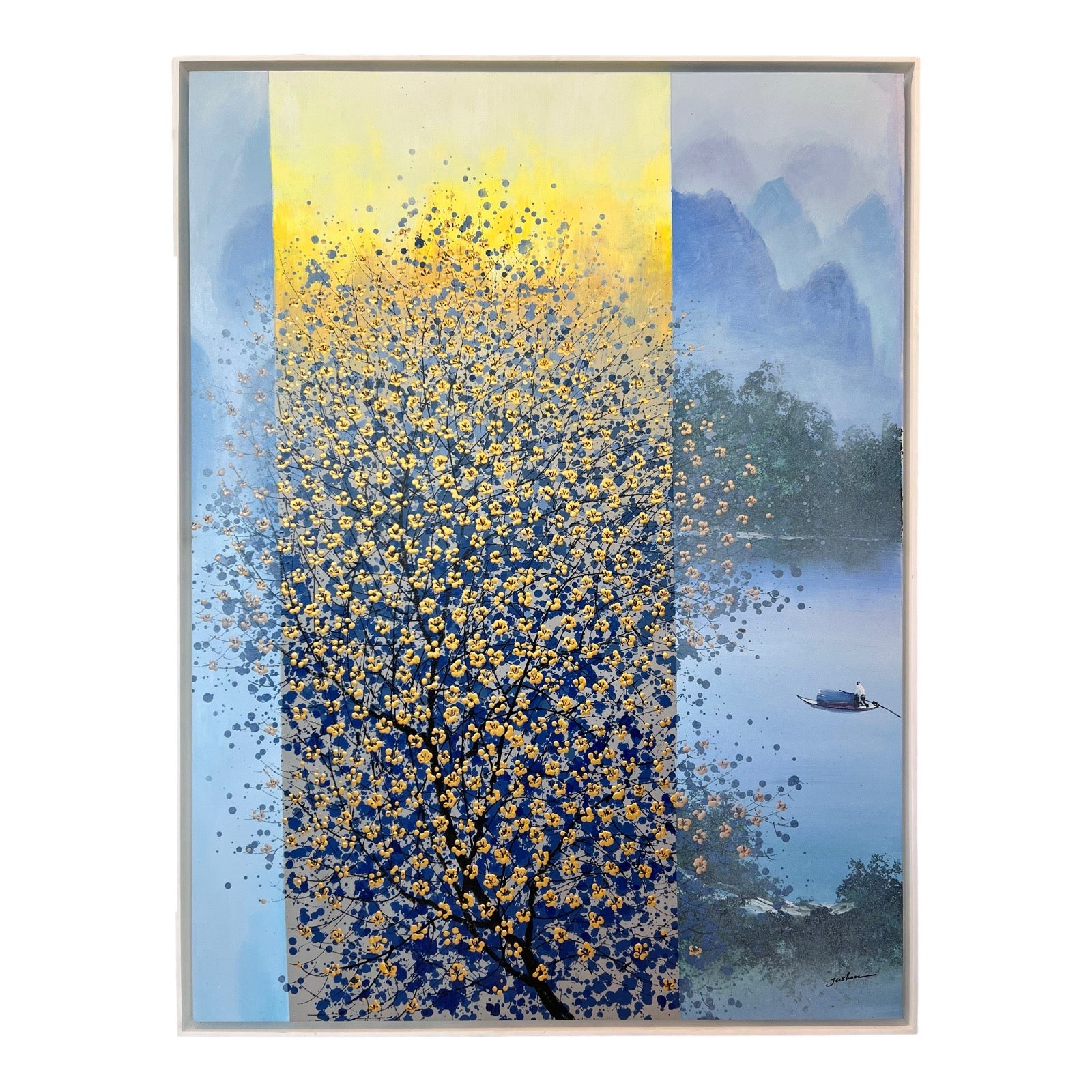 Blauw geel bloesem schilderij van Je Shen 