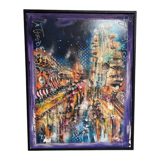 Guy Olivier Mixed media schilderij van een kermis in het nachtleven 'Le Carrousel Purple'
