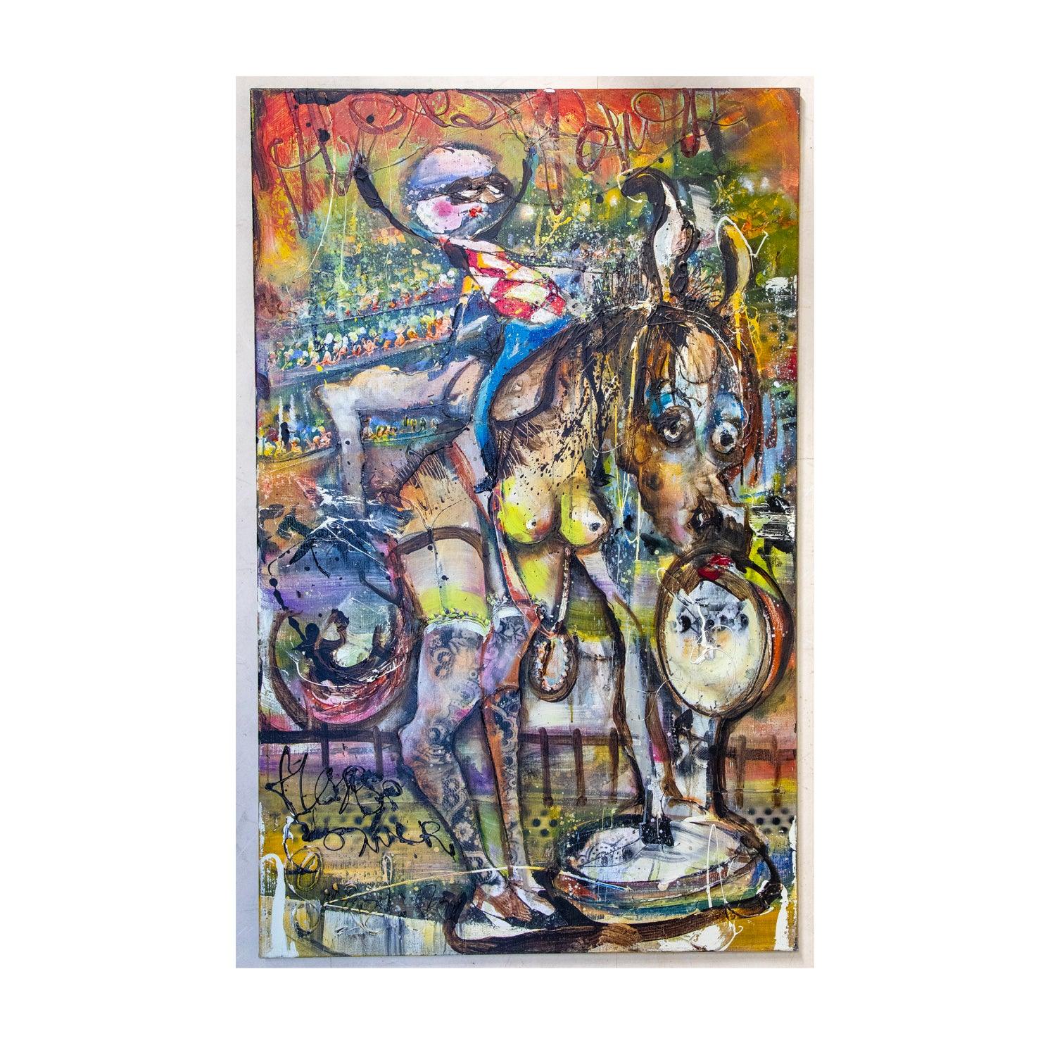 Guy Olivier schilderij - Le Cheval Heureux - kleurrijk paarden schilderij  Modernekunst.nl