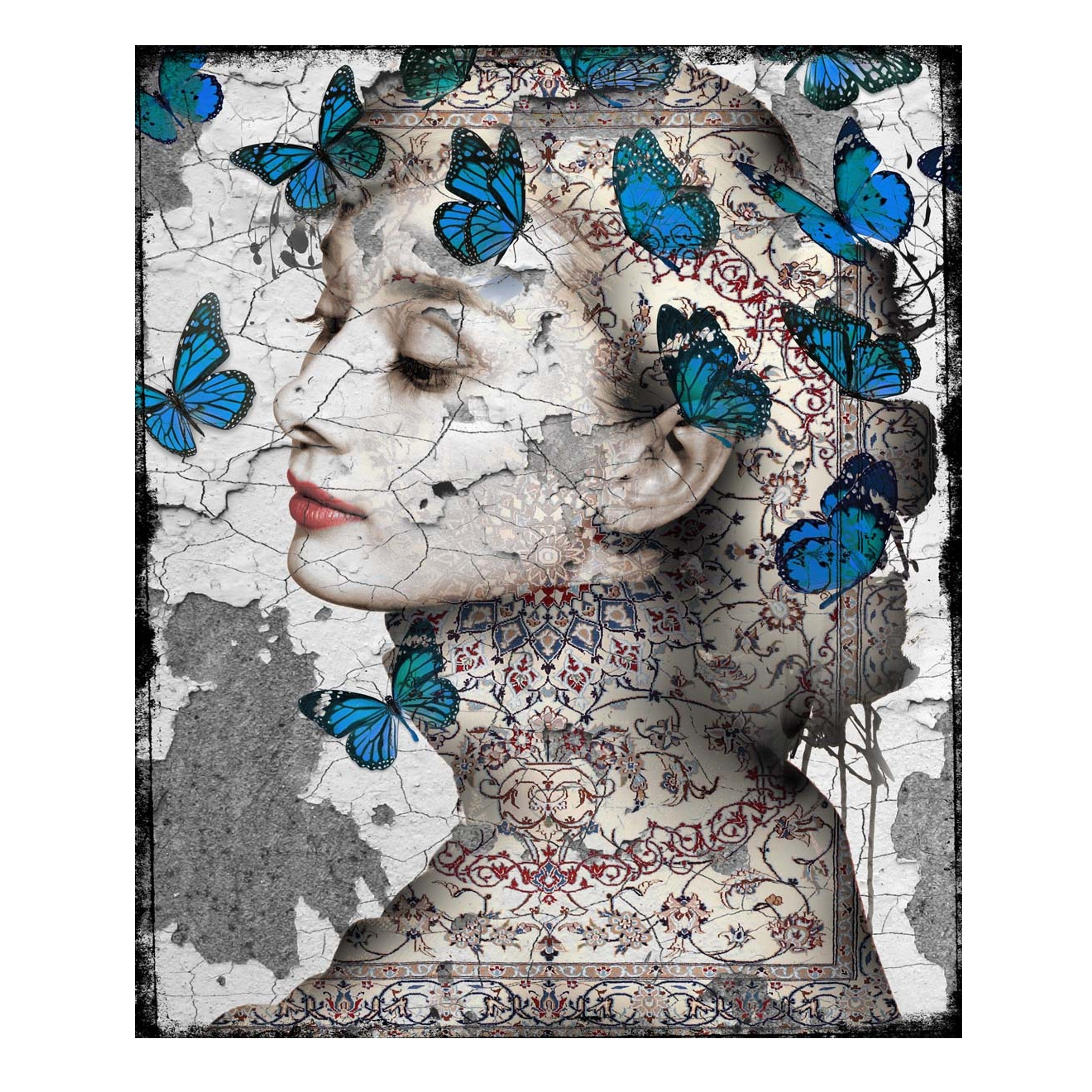 Schilderij van Audrey Hepburn in paisley print met blauwe vlinders.
