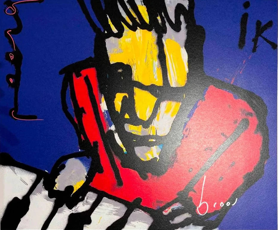 Blauw schilderij van Herman Brood met een rood shirt die piano speelt IK