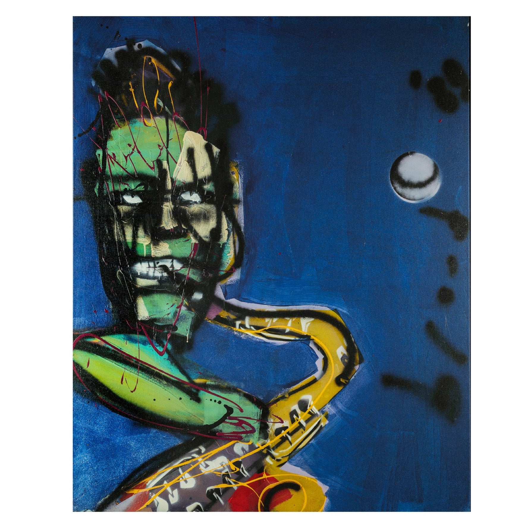 Man die saxofoon speelt geschilderd door Herman Brood op een blauwe achtergrond