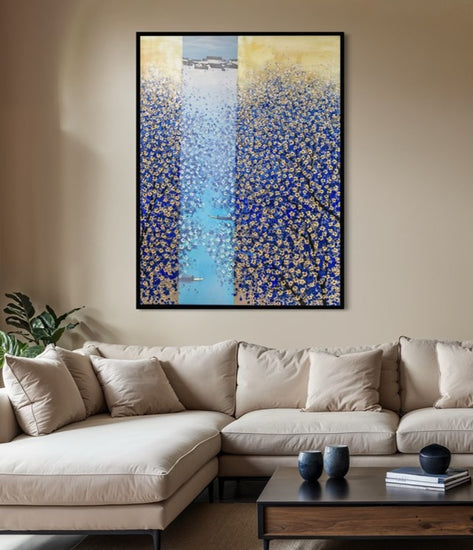 Japandi stijl interieur met groot bloesem schilderij van Je Shen via Modernekunst.nl
