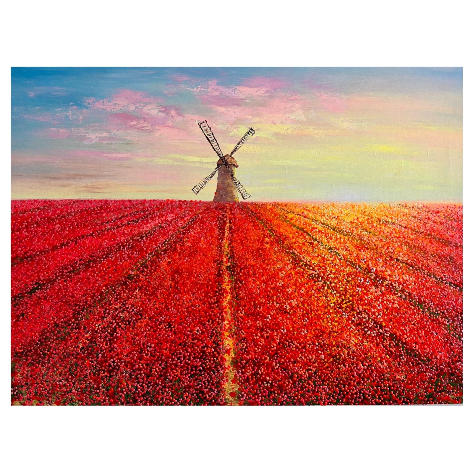 Tulpen velden schilderij van Je Shen met roze bloemen en een molen bij ondergaande zon.