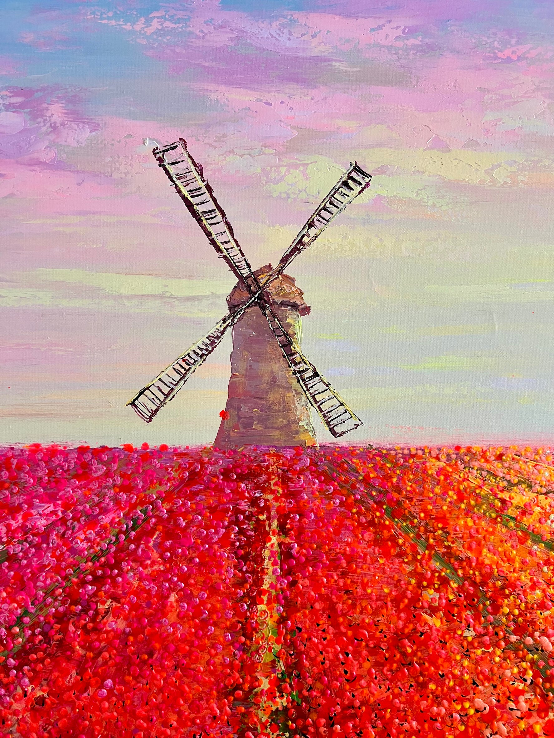 Nederlands schilderij van molen met tulpenvelden door kunstenaar Je Shen.