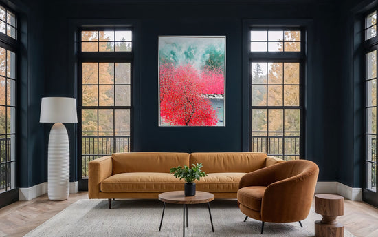 Schilderij van Japanse bloesem in rood en groen