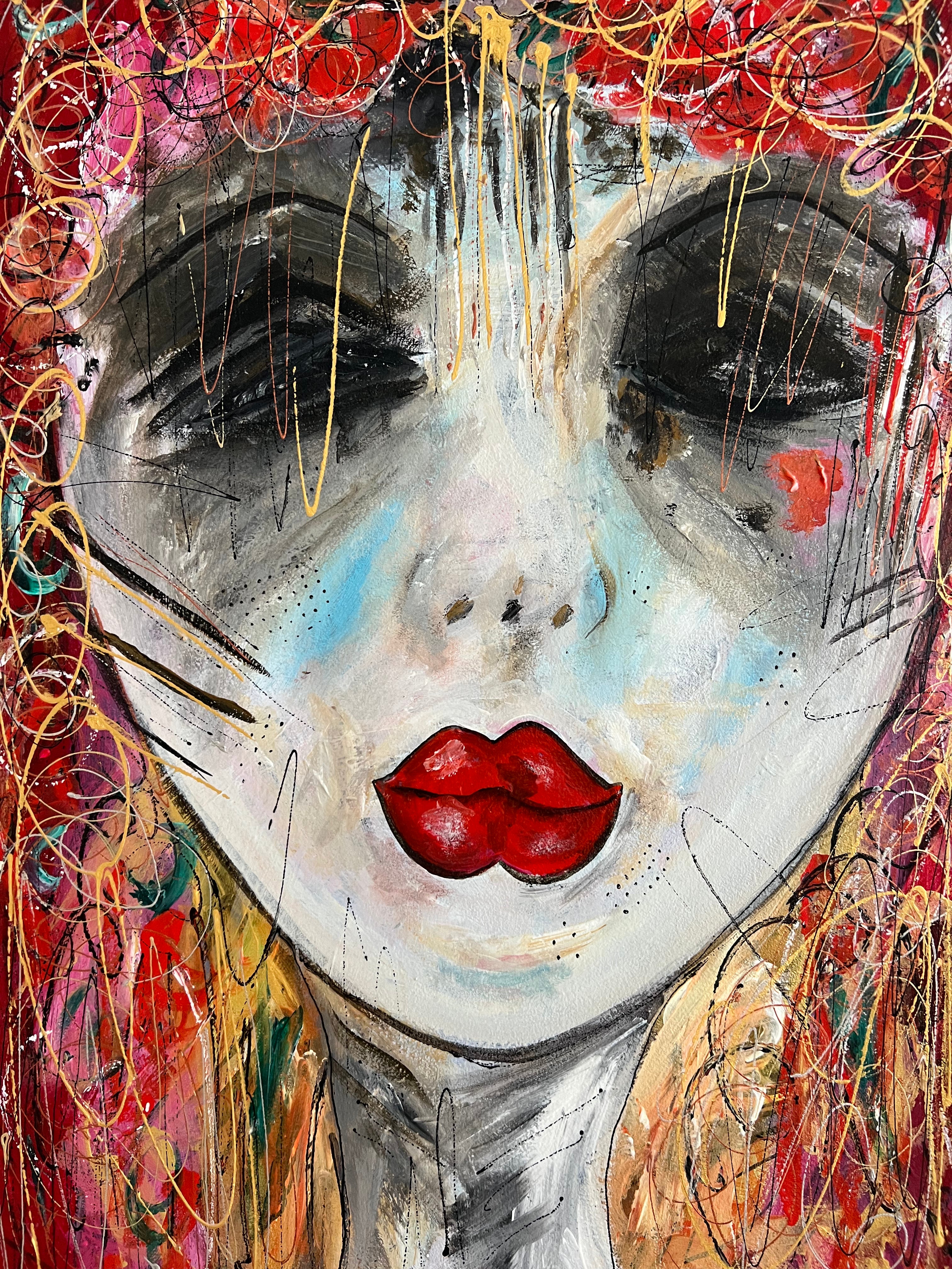 Close up van Marianne Bey's kunstwerk 'Rode Lippen'