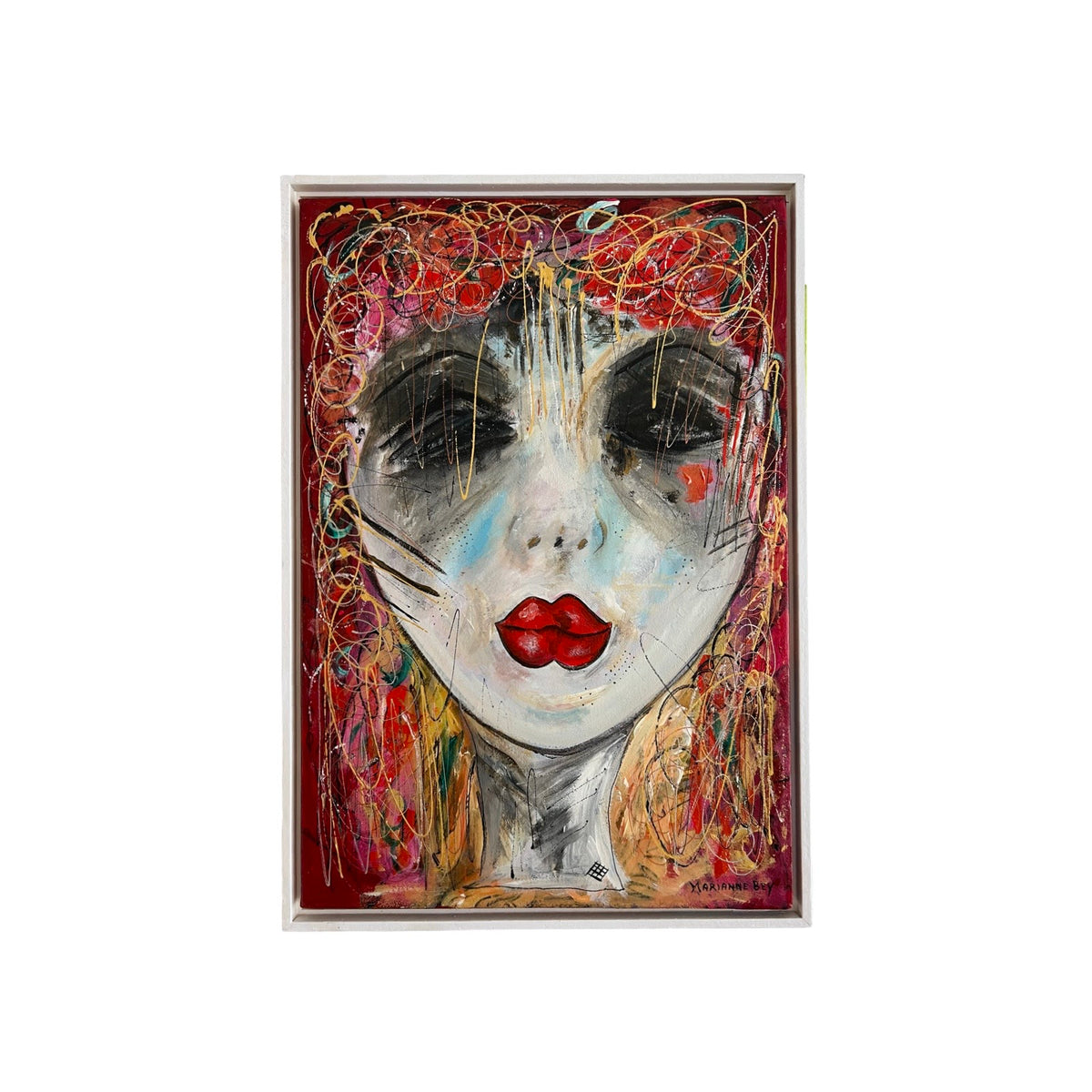 Marianne Bey 'The Red Lips' Acryl portret schilderij