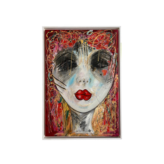 Marianne Bey 'The Red Lips' Acryl portret schilderij