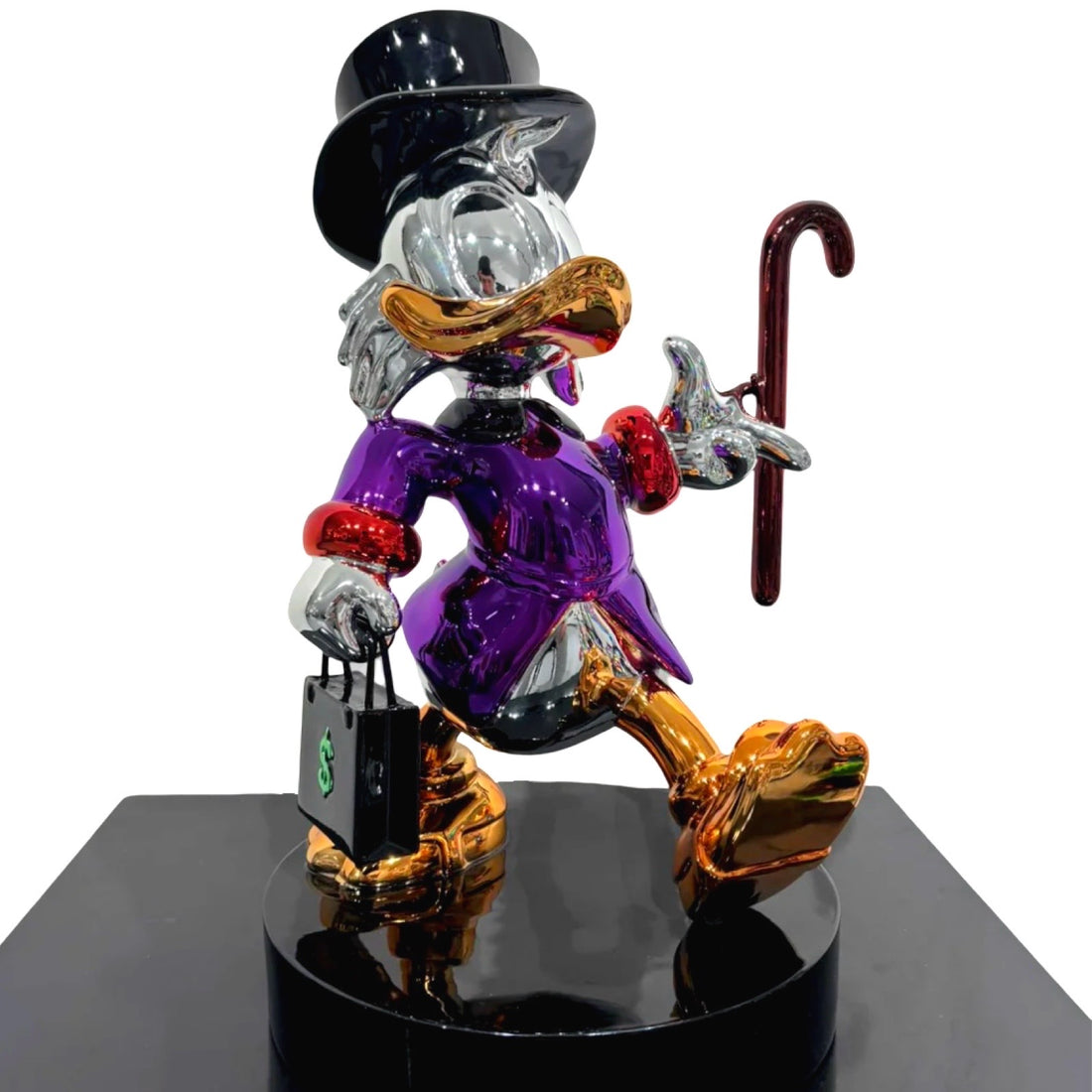 Zilveren beeld van Dagobert Duck met paarse jas wandelstok en geld koffertje