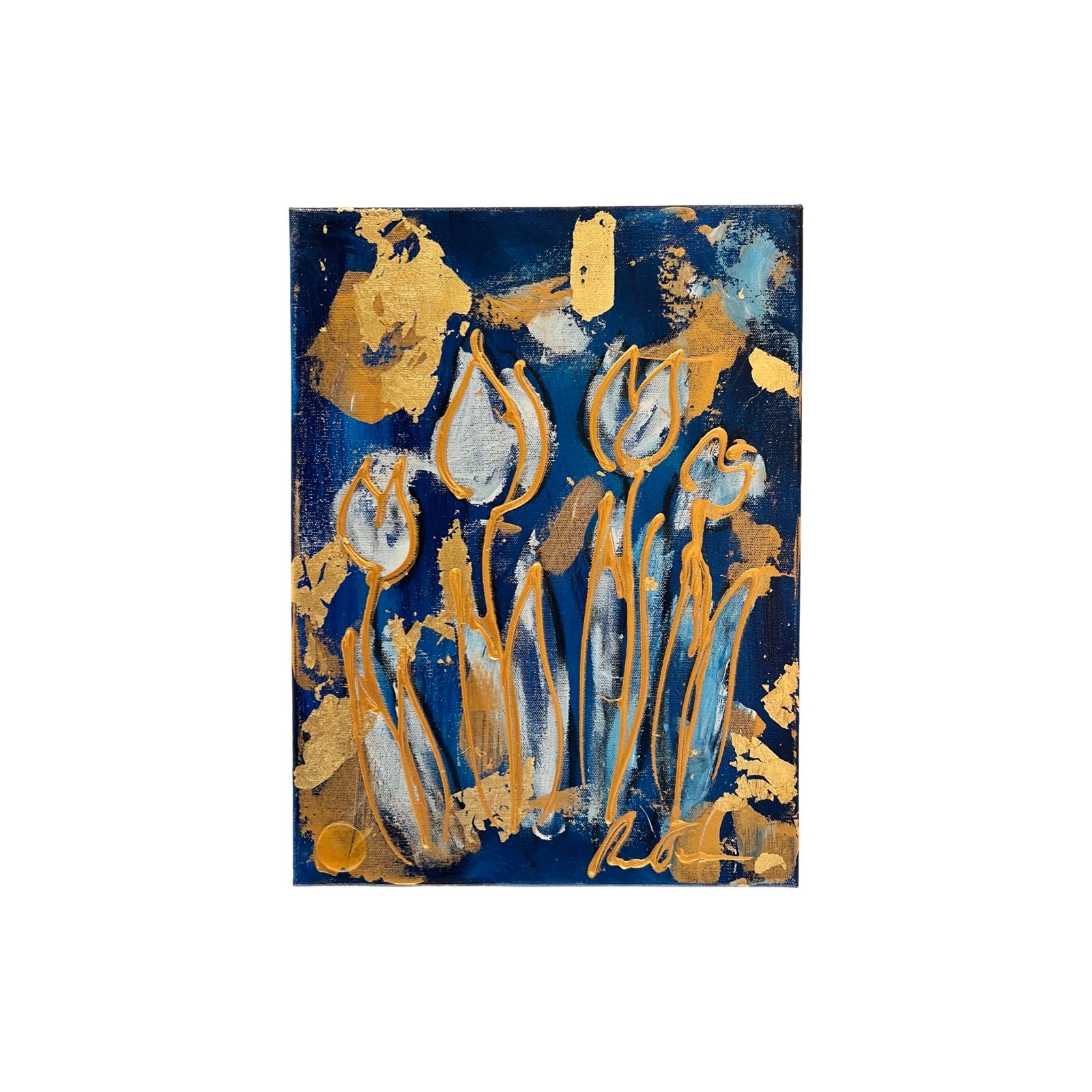 Acryl verf schilderij van tulpen in goud en blauw