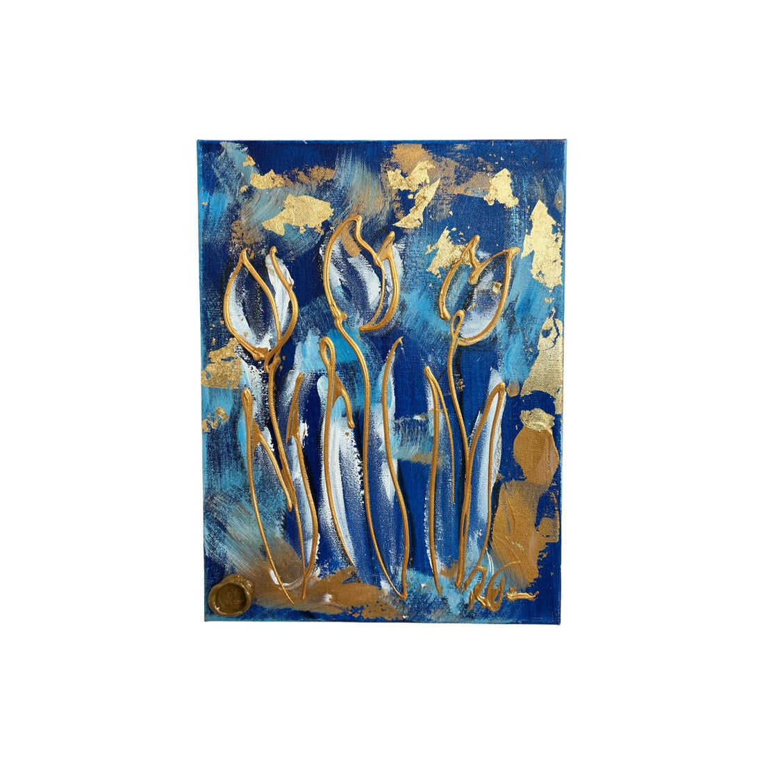 Tulpen schilderij van oliever met blauw en goud
