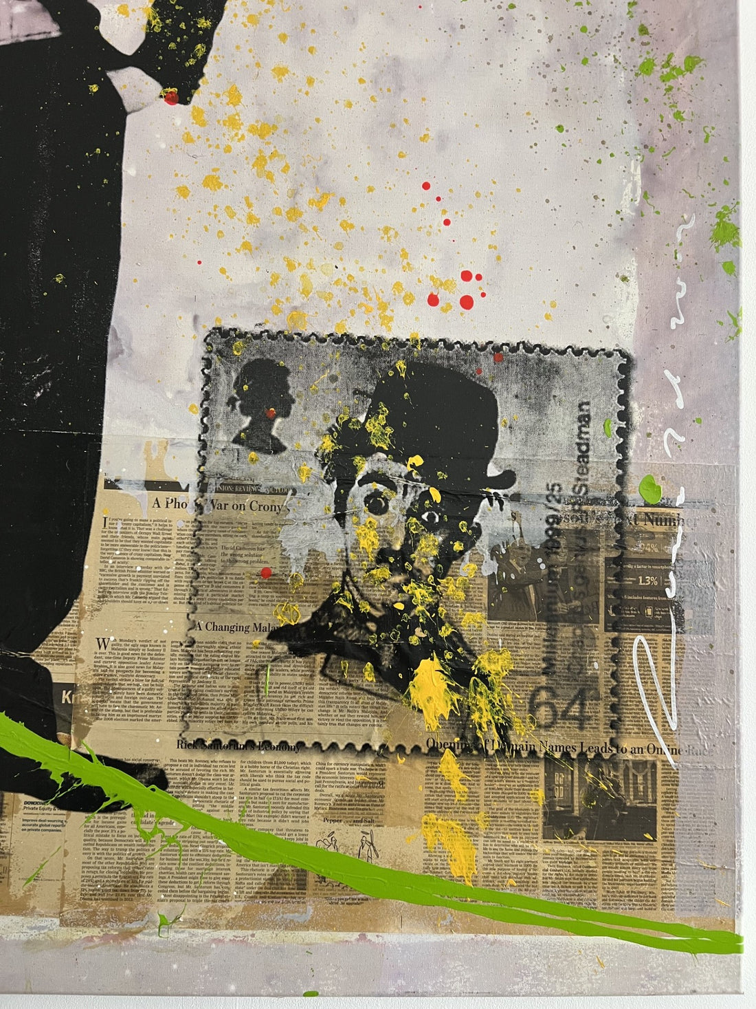 Close up van Ronald Chapeau's Charlie Chaplin schilderij