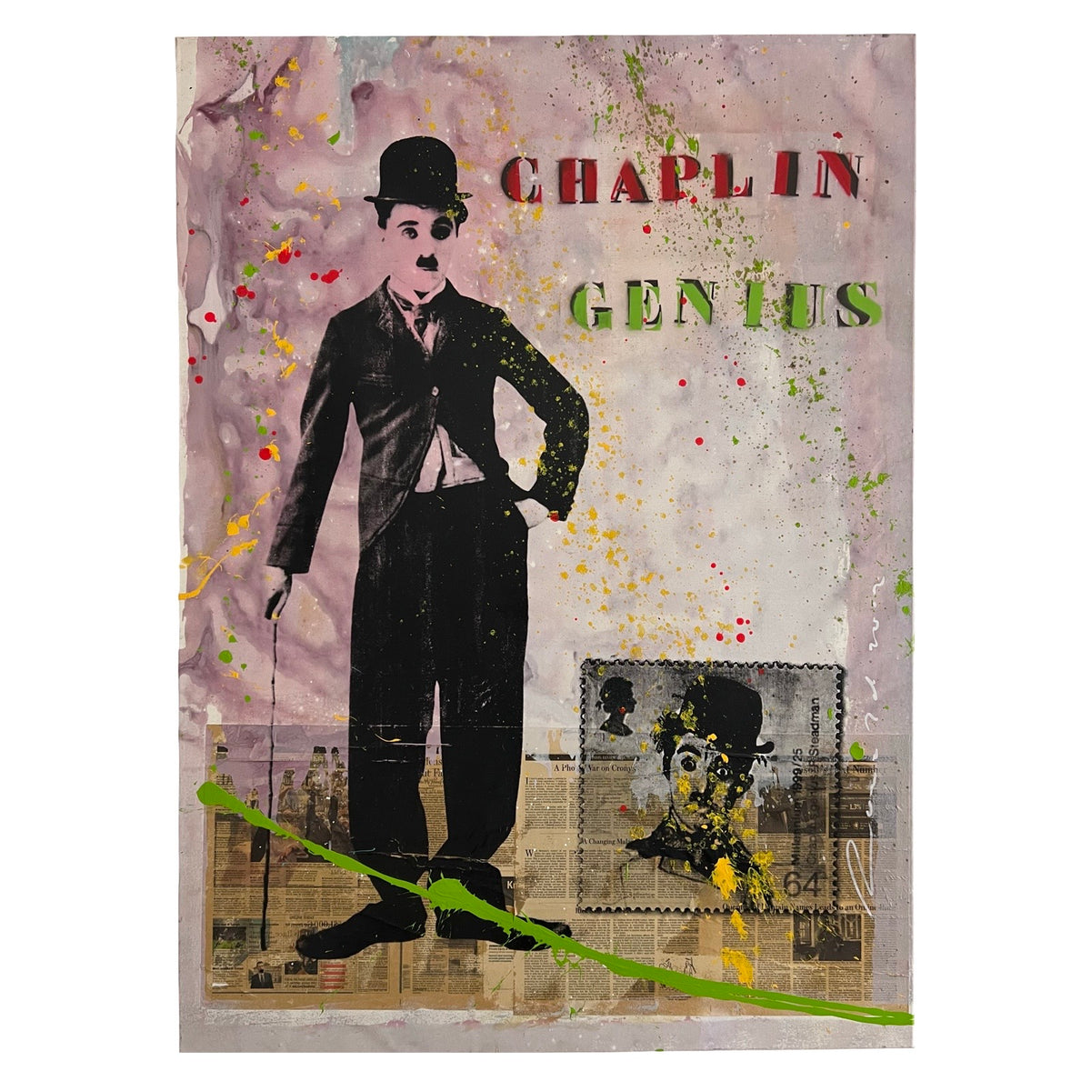 Ronald Chapeau 'Charlie Chaplin Genius Groen' mixed media schilderij