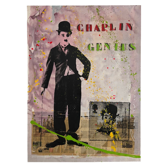Ronald Chapeau 'Charlie Chaplin Genius Groen' mixed media schilderij