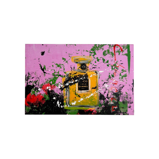 Ronald Chapeau 'Coco Chanel' roze en oranje mixed media pop art schilderij