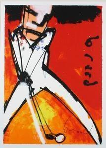 Man met een golfclub in zijn hand geschilderd door Herman Brood op een rode achtergrond